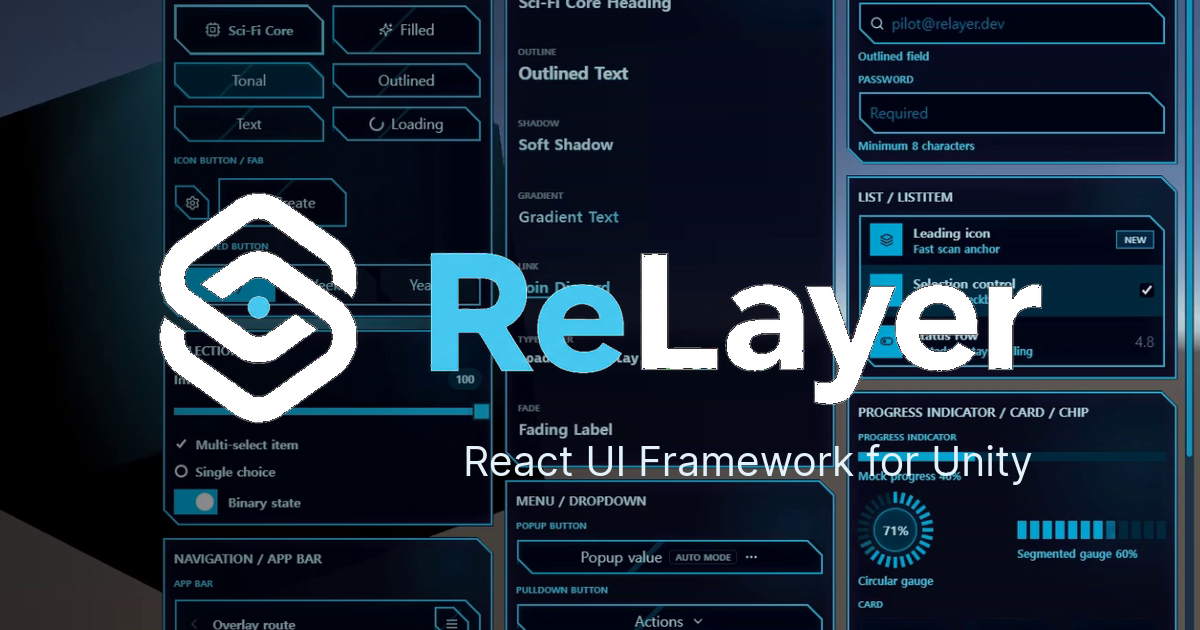 ReLayer React UI component showcase running inside Unity