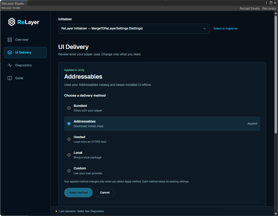 ReLayer Studio UI Delivery page in Unity with Addressables applied and Bundled, Hosted, Local, and Custom choices